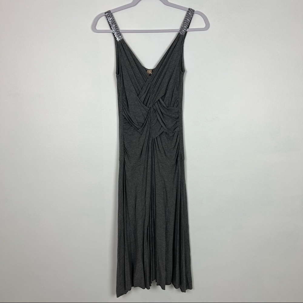 Bailey 44 Gray Jersey Knit Dress Silver Sequin Strap Criss Cross Bodice Size Sm